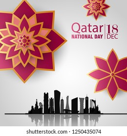 Qatar national day on 18-th december. With national colors and Arabic Islamic Ornamental Flowers and architectural buildings skyline silhouette