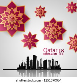 Qatar national day on 18-th december. With national colors and Arabic Islamic Ornamental Flowers and architectural buildings skyline silhouette