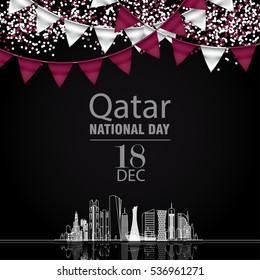 Qatar national day on 18-th december. With national flag colors Buntings and dots, confetti and Silhouette of the City, Modern Contemporary Architectural Buildings in lines.