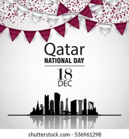 Qatar national day on 18-th december. With national flag colors Buntings and dots, confetti and Silhouette of the City, Modern Architectural Buildings