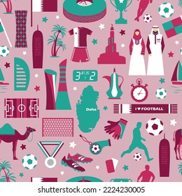 Qatar. National day. Soccer Football theme. Seamless pattern fabric cover trend flat desig on pink.