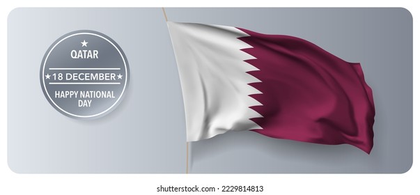 Qatar national day vector banner, greeting card. Qatari wavy flag in 16th of December national patriotic holiday horizontal design