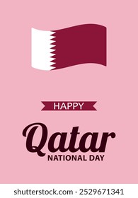 Qatar National Day, vector design for greeting card, poster or banner. Text Happy Qatar National Day and Qatar flag on pastel pink background.