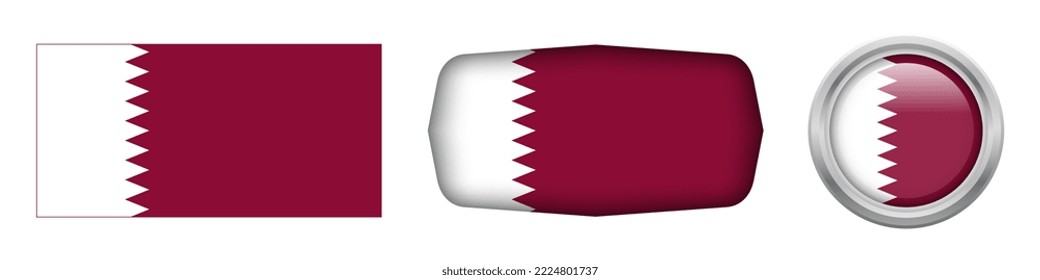 Katar-Nationalflagge in drei Versionen, rechteckig, elliptisch und rund auf weißem Hintergrund. Vektorgrafik