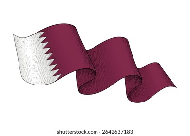 Qatar national flag waving ribbon shape with engraved vintage texture