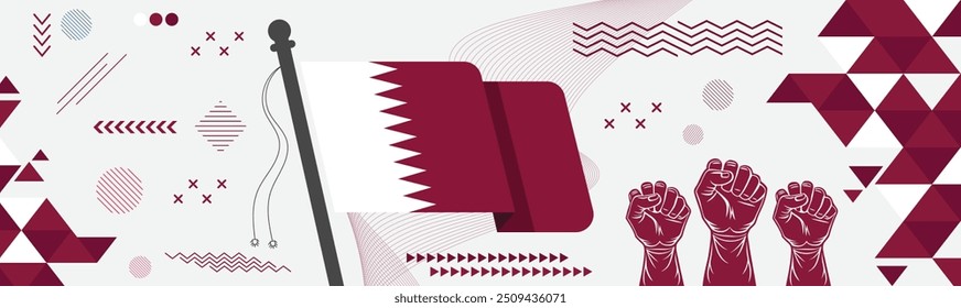 Qatar national or Independence day banner. Flag of Qatar modern geometric retro abstract design. Purple or violet color theme. Celebration of Qatari people.