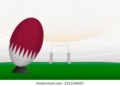 Selección nacional de rugby de Qatar en estadio de rugby y puestos de gol, preparándose para un penal o patada libre. Ilustración vectorial.