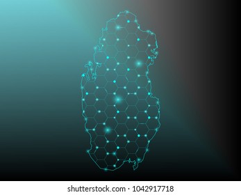 Qatar network map. Abstract polygonal Qatar network map design with glowing dots and lines. Map of Qatar networks. Vector illustration.