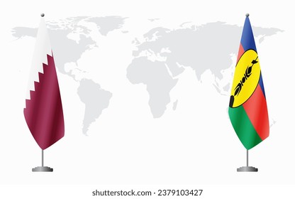  Qatar and New Caledonia flags for official meeting against background of world map.