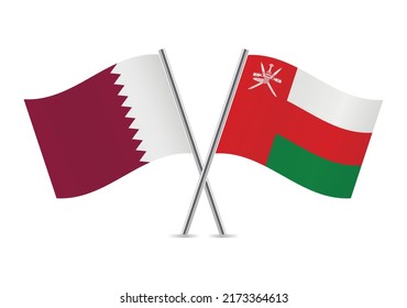 Qatar and Oman crossed flags. Qatari and Omani flags on white background. Vector icon set. Vector illustration.