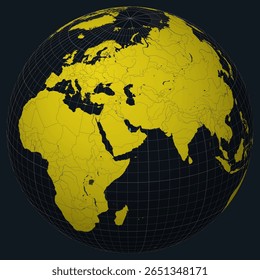 Qatar on Globe. Country view on the world map in Charcoal Bright Yellow color palette. Qatar shape on map. Globe with meridians, parallels, countries, rivers and lakes. Neat vector illustration.