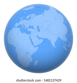 Qatar on the globe. Earth centered at the location of the State of Qatar. Map of Qatar. Includes layer with capital cities.