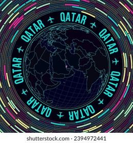 Qatar on globe. Satellite view of the world centered on Qatar. Bright neon style. Futuristic radial bricks background. Elegant vector illustration.