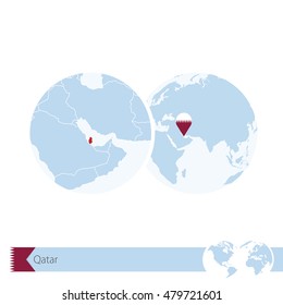 Qatar on world globe with flag and regional map of Qatar. Vector Illustration.
