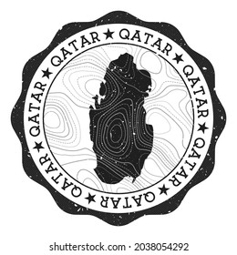 Qatar outdoor stamp. Round sticker with map of country with topographic isolines. Vector illustration. Can be used as insignia, logotype, label, sticker or badge of the Qatar.