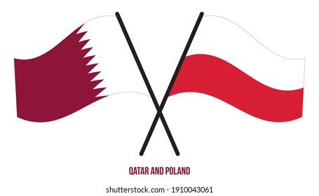 Qatar and Poland Flags Crossed And Waving Flat Style. Official Proportion. Correct Colors.