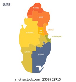 Qatar political map of administrative divisions - municipalities. Colorful spectrum political map with labels and country name.