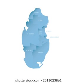 Qatar political map of administrative divisions - municipalities. Shaded vector map with 3D-like blue gradient and name labels