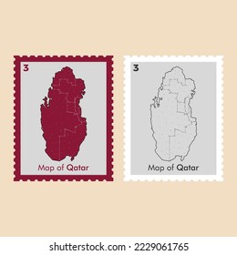 Qatar postage stamp. Hand drawn Qatar map Postage Stamp. Stamp with official country map pattern and countries name vector illustration