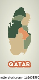 Qatar poster in retro style. Map of the country with regions in autumn color palette. Shape of Qatar with country name. Superb vector illustration.