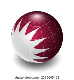 Qatar (QA) (Qatari) National Flag 2.5D Isometric View, Metallic Sphere Ball Globe Design, Flag Symbol Isolated on White Background