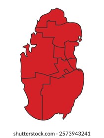 Qatar red map with border of regions outline vector