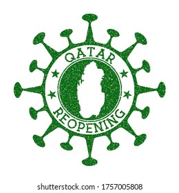 Qatar Reopening Stamp. Green round badge of country with map of Qatar. Country opening after lockdown. Vector illustration.