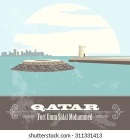 Qatar. Retro styled image. Fort Umm Salal Mohammed. Vector illustration