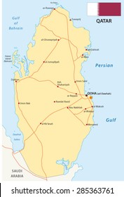 Qatar Road Map With Flag