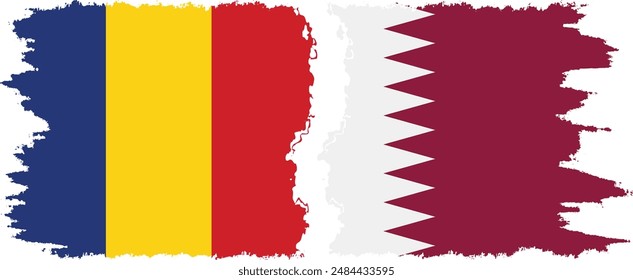 Qatar and Romania grunge flags connection, vector