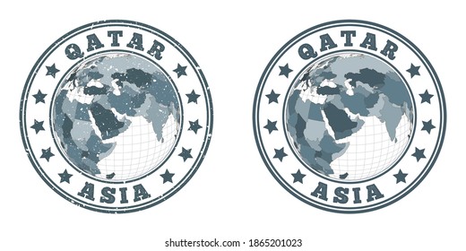 Logo de la ronda de Qatar. Bandas circulares de un país con un mapa de Qatar en contexto mundial. Sellos de país simples y texturados. Ilustración vectorial.