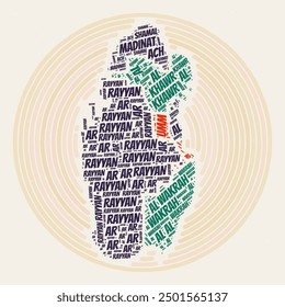 Qatar round poster in typography style featuring a word cloud of regions in Qatar. Vintage design with a scratch texture.