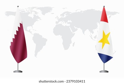  Qatar and Saba flags for official meeting against background of world map.