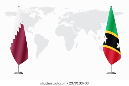  Qatar and Saint Kitts and Nevis flags for official meeting against background of world map.