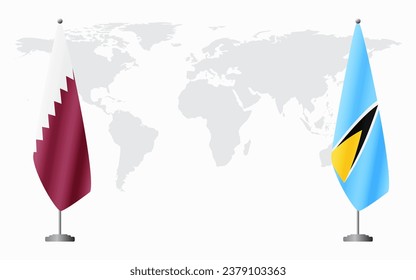  Qatar and Saint Lucia flags for official meeting against background of world map.