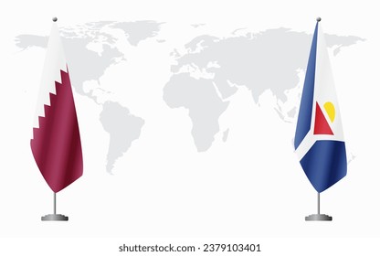  Qatar and Saint Martin flags for official meeting against background of world map.