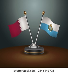 Qatar and San Marino table flags relation  with gradient backgrund. Vector Illustration