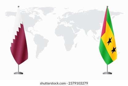  Qatar and Sao Tome and Principe flags for official meeting against background of world map.