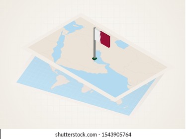 Qatar selected on map with isometric flag of Qatar. Vector paper map.