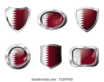 Qatar set shiny buttons and shields of flag with metal frame - vector illustration. Isolated abstract object against white background.