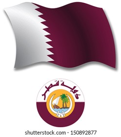 qatar shadowed textured wavy flag and coat of arms against white background, vector art illustration, image contains transparency transparency