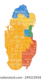 Qatar shape. Country word cloud with region division. Qatar colored illustration. Region names cloud. Vector illustration.