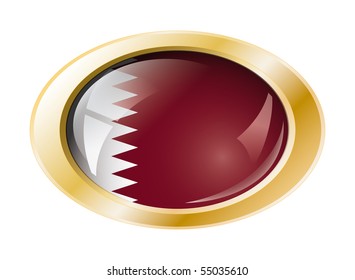 Qatar shiny button flag with golden ring vector illustration. Isolated abstract object against white background.