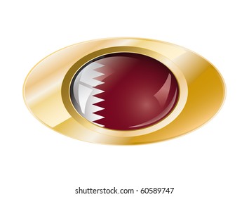 Qatar shiny button flag with golden ring vector illustration. Isolated abstract object against white background.