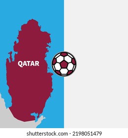Qatar silhouette poster and soccer ball icon. Banner divided into two parts. Qatar silhouette is maroon on light blue background. Copyspace on white. Design for football tournament or championship.