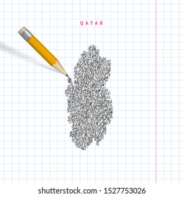 Qatar sketch scribble map drawn on checkered school notebook paper background. Hand drawn vector map of Qatar. Realistic 3D pencil with rubber.