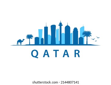 Qatar Skyline City Landscape, Outline Vector Graphic. Views in Arabia. 