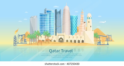 Qatar skyline flat poster with modern buildings camels and oil drilling rig vector illustration