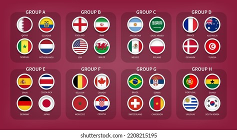 Qatar soccer cup tournament 2022 . 32 teams Final draw groups with country flag . Vector .