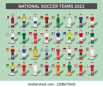 Qatar soccer cup tournament 2022 . 32 teams group stages and cartoon character with jersey and country flags . Vector .